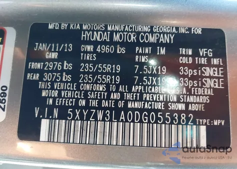 2013 Hyundai Santa Fe Sport 2.0T z USA, uszkodzony, nr VIN 5XYZW3LA0DG055382